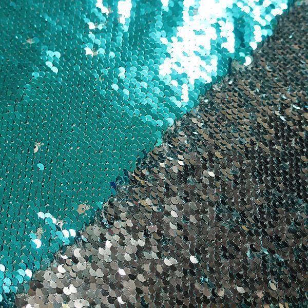 Пайеточная ткань бирюзовый\серебро (65 см)